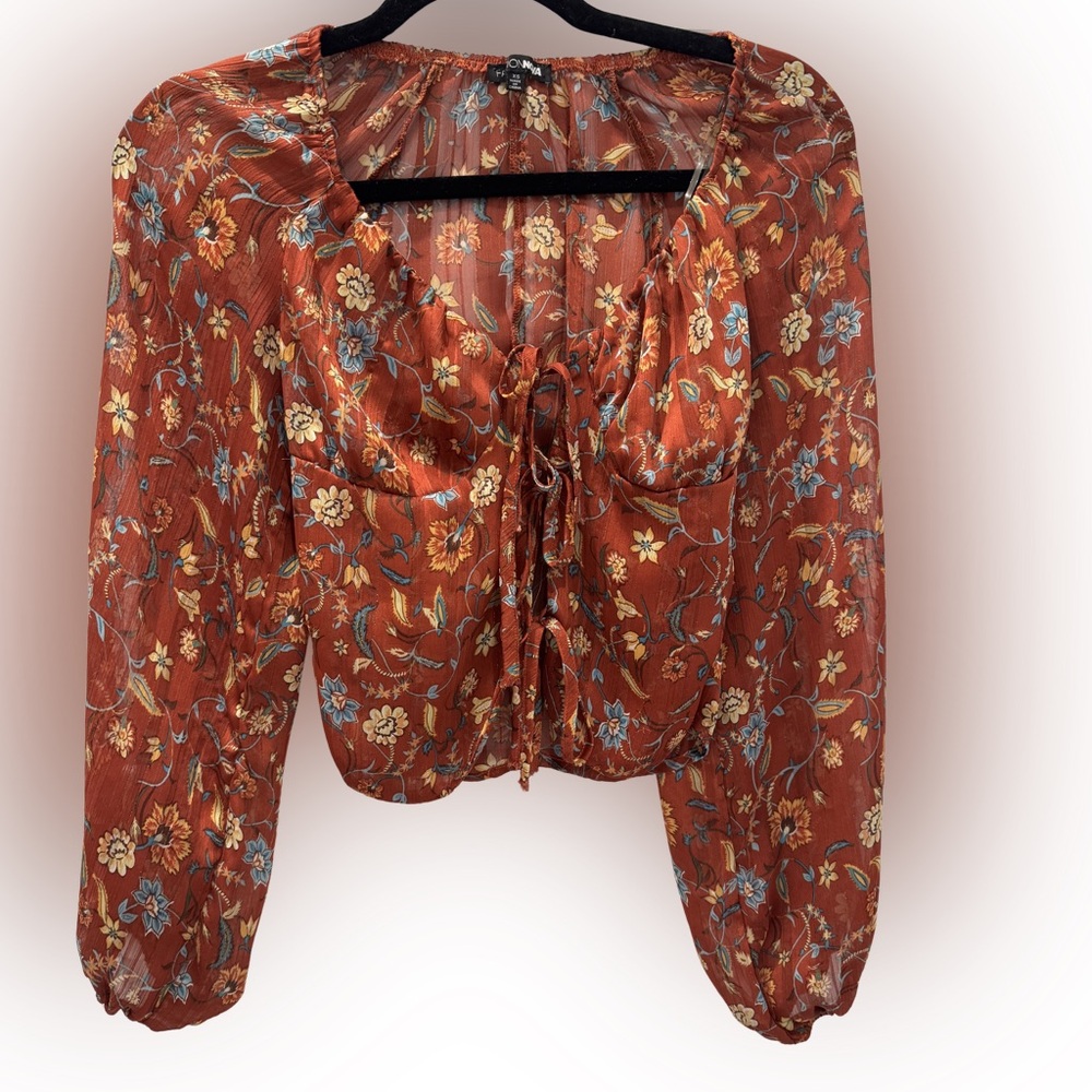 FIONNOVA | Rust Floral Tie Front Blouse- Size XS  Boho‎ Peasant Top